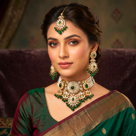 Royal Emerald Pearl Kundan Jewellery Set