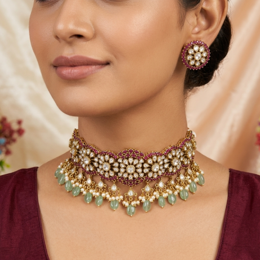 Royal Ruby Kundan Choker Set with Emerald Drops