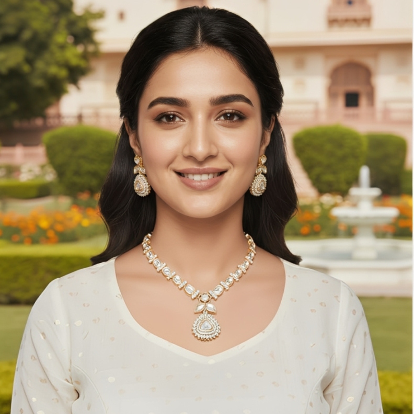 Royal Polki Moissanite Long Necklace Set