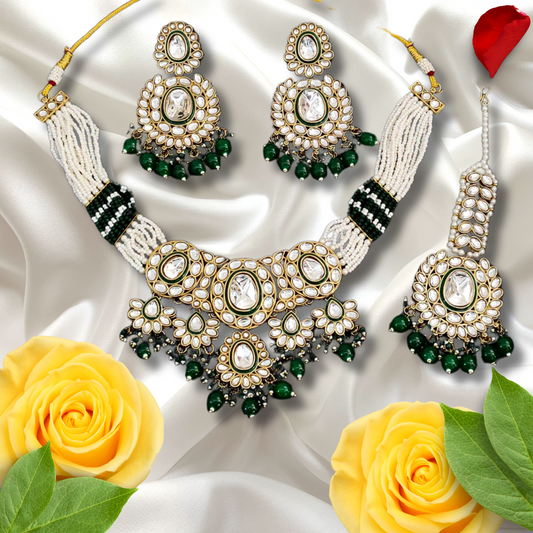 Green Pearl Semi Bridal Necklace Set