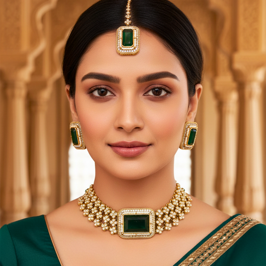 Emerald Zariya Floral Kundan Jewellery Set