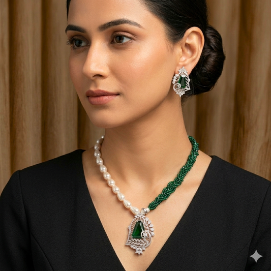 MG Green Crystal and Pearl Beads AD Haram Set