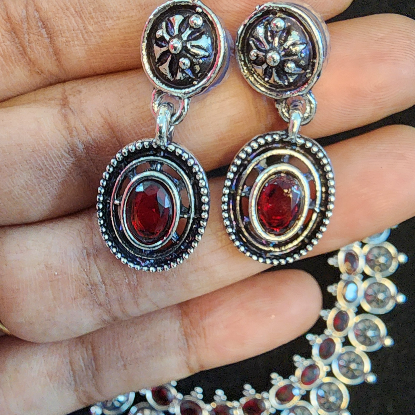 Oxidized Layered Red Choker Necklace Set