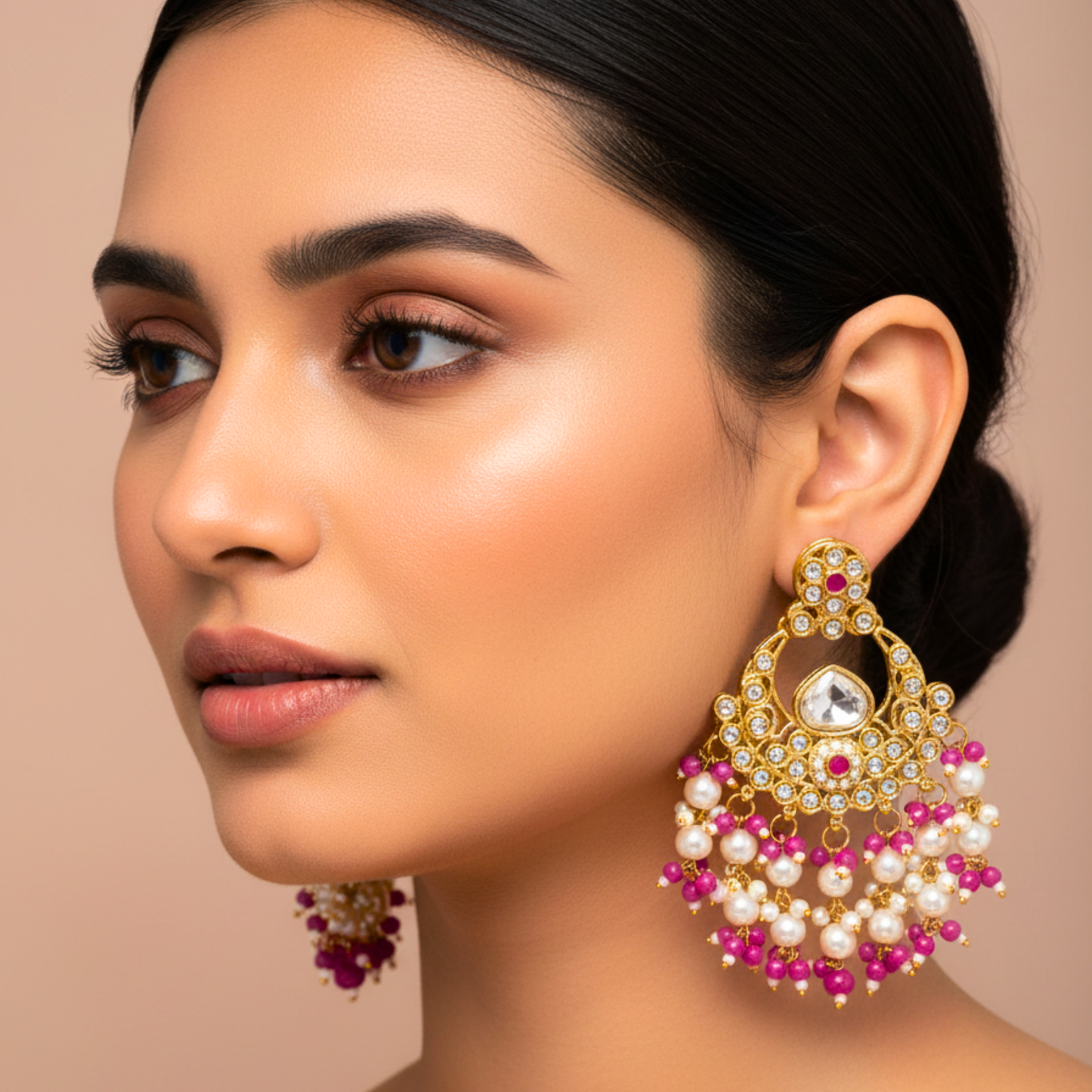 Ruby Pearl Kundan Chandbali Earrings