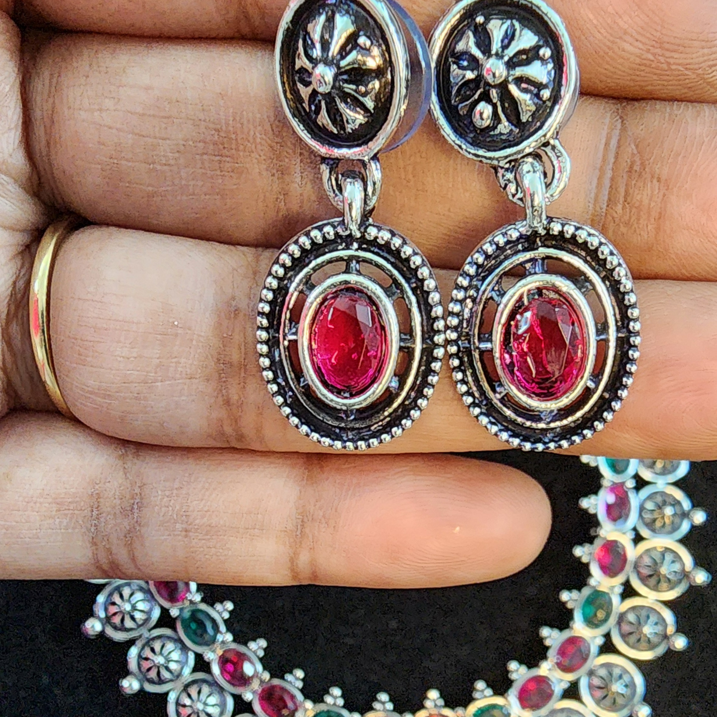 Oxidized Layered Multi colour Choker Necklace Set