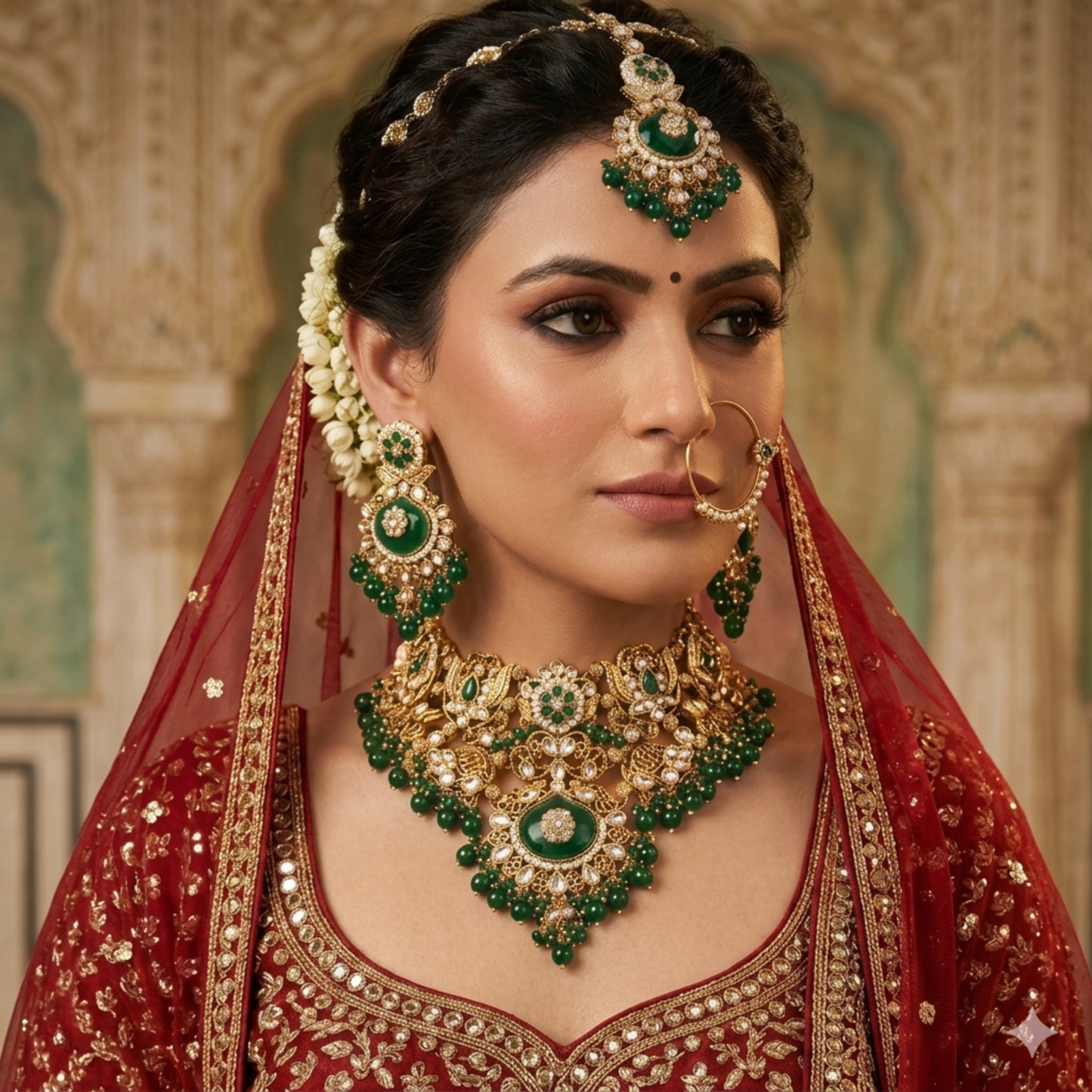 Emerald Royal Bridal Kundan Necklace Set with Maang Tikka & Earrings