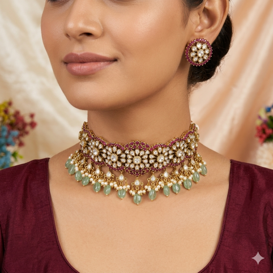 Royal Ruby Kundan Choker Set with Emerald Drops