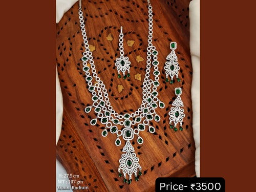 White Rhodium Emerald Semi-Bridal Necklace Set