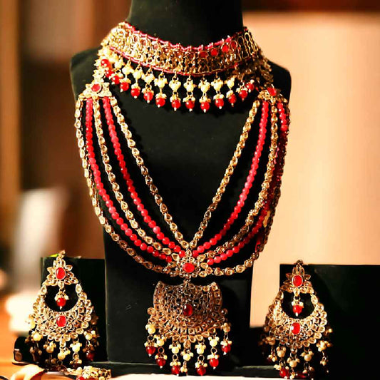 Mesmerizing Red Pearls and Jadau Bridal Necklace set with Choker and Mattapati